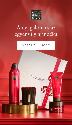 Rituals ajándékcsomag piros termékekkel és elegáns fehér díszdobozban, prémium kozmetikumok ünnepi ajánlata.